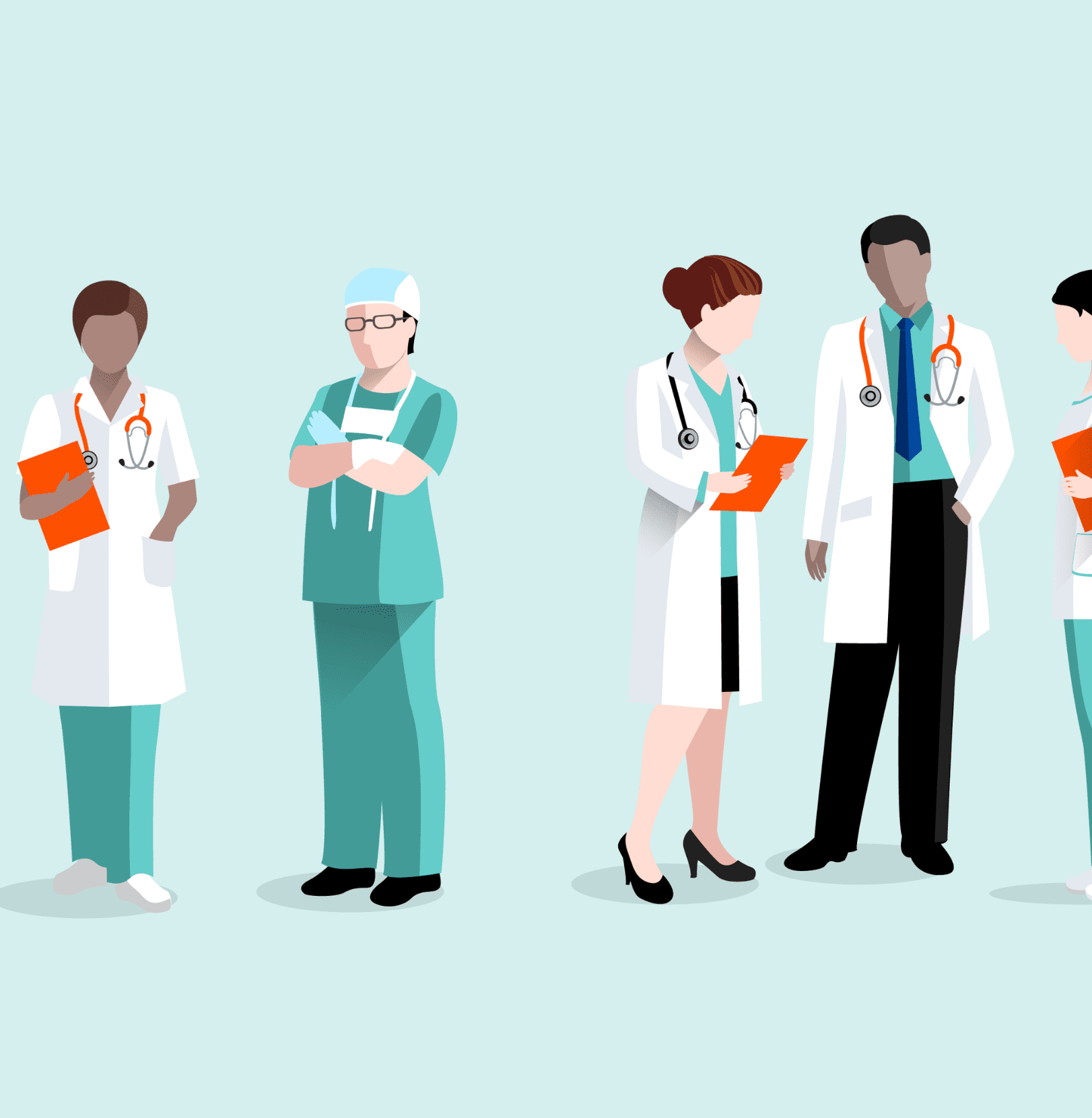 Illustratie van een medisch team met diverse zorgverleners, waaronder artsen, verpleegkundigen en een zorgverlener die een patiënt in een rolstoel duwt.