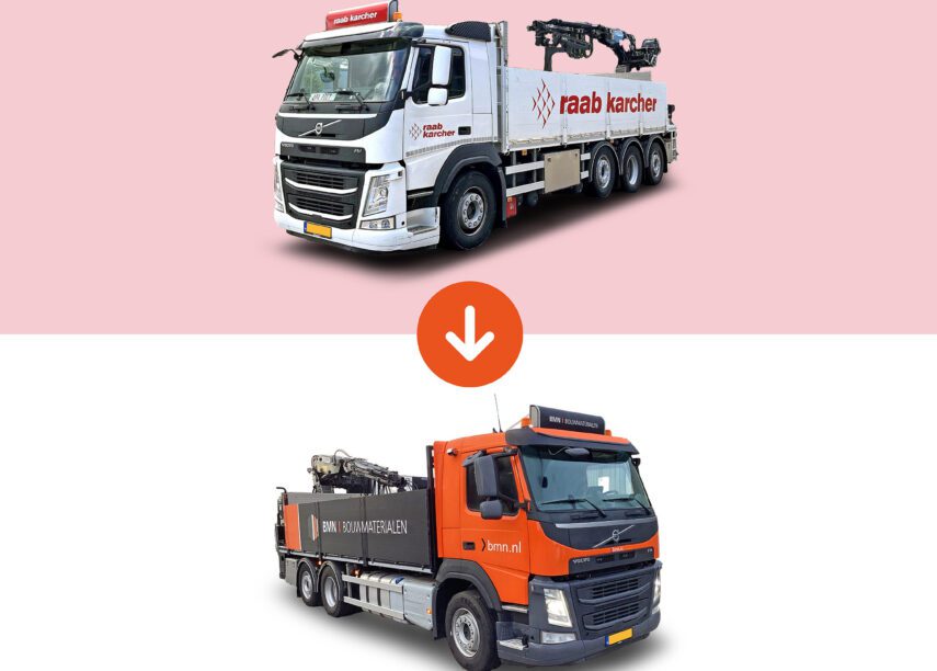 Het verschil van de vrachtwagens van BMN bouwmaterialen tussen voor en na de rebranding uitgevoerd door RGN